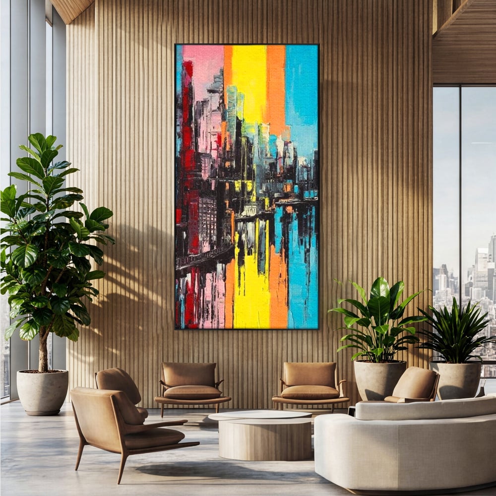 Tablou canvas cu tablou abstract cu cladiri si reflexii, in rama de aluminiu negru, pe perete intr-un birou